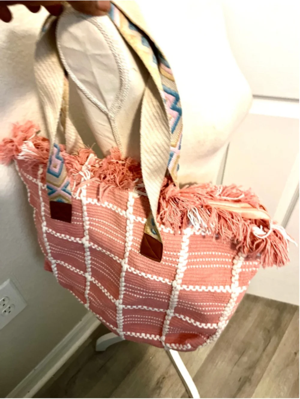 NWT Styliné branded fringe tote bag featuring a pink checkered pattern.